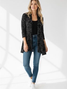 FRANK Lyman designer black white duster cardigan sweater 3/4 sleeves pattern 10